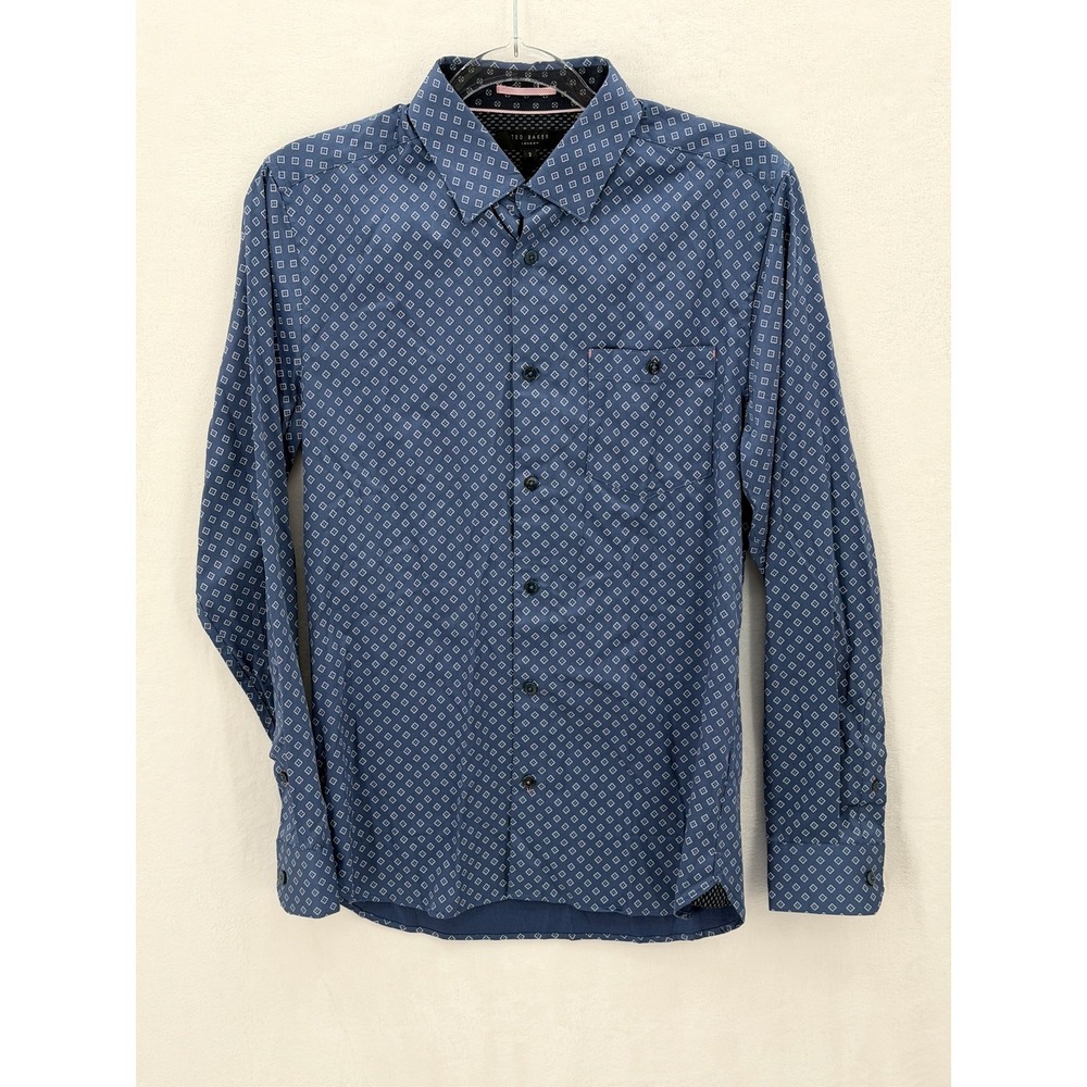 Ted Baker Shirt Mens 2 US Small Blue Croissy Button Up Stretch Preppy Flip Cuffs
